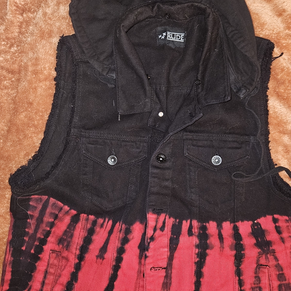 RUDE Tie Dyed Black And Red Hooded Denim Vest